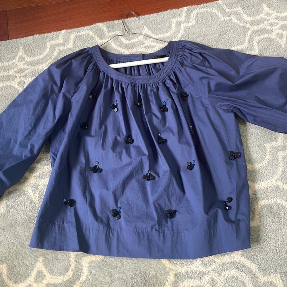 J Crew navy slightly puffed sleeve shirt with navy bead detail